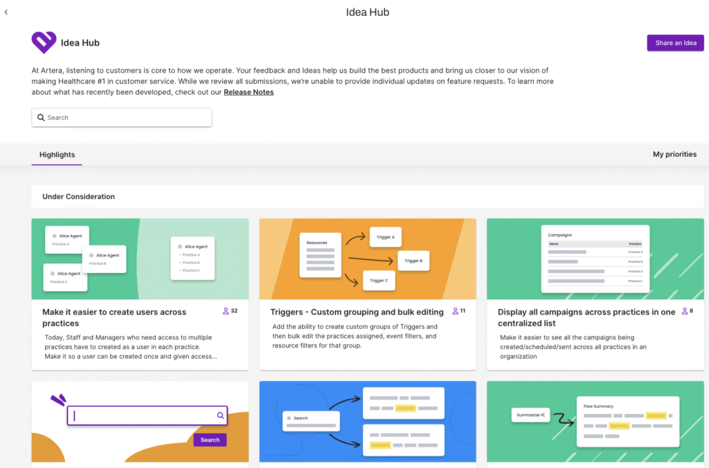 Image of the Artera Idea Hub depicting ideas and a share an idea button